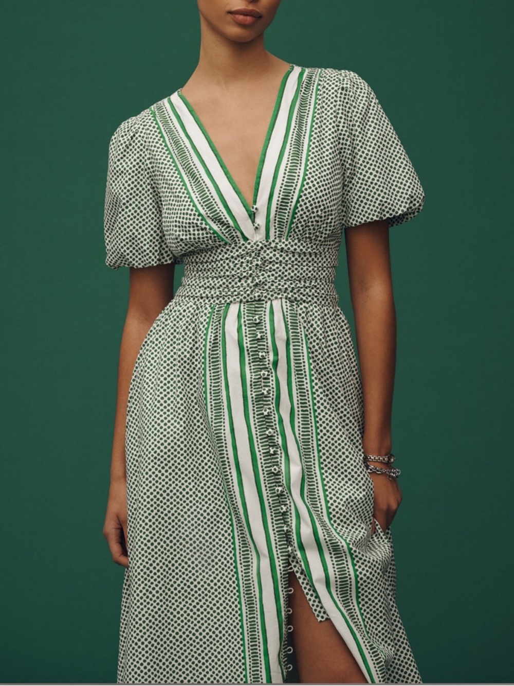 Anthropologie The Katerina Button-Front
Dress Green White V-Neck Smocked Waist